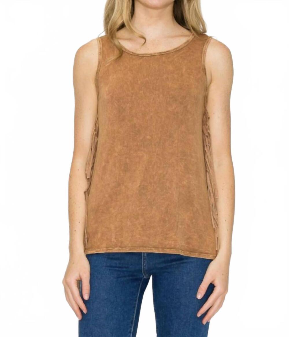 NEW T-PARTY mineral wash fringe side top in camel